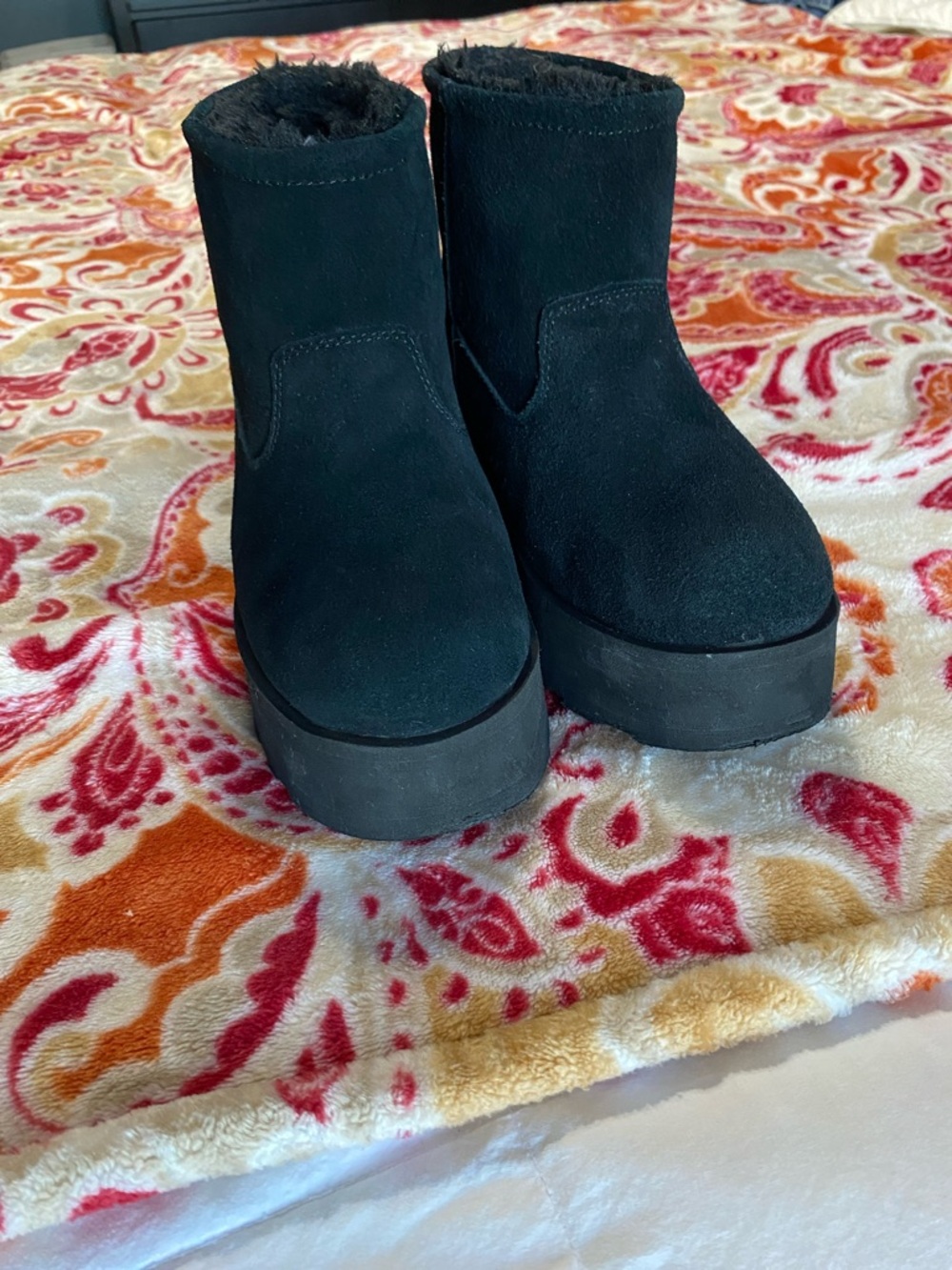 Black Suede Platform Ankle Boots with Faux Fur Lining